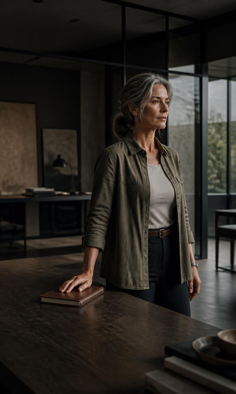 Erfahrene Frau in strukturiertem Overshirt steht ruhig und aufrecht an einem großen Arbeitstisch in einem modernen Büro