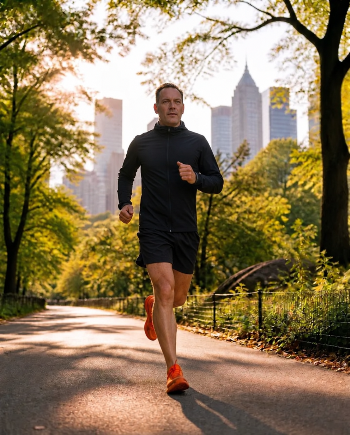 Fokussierter Mann um die 50 nach dem Training in urbaner Umgebung